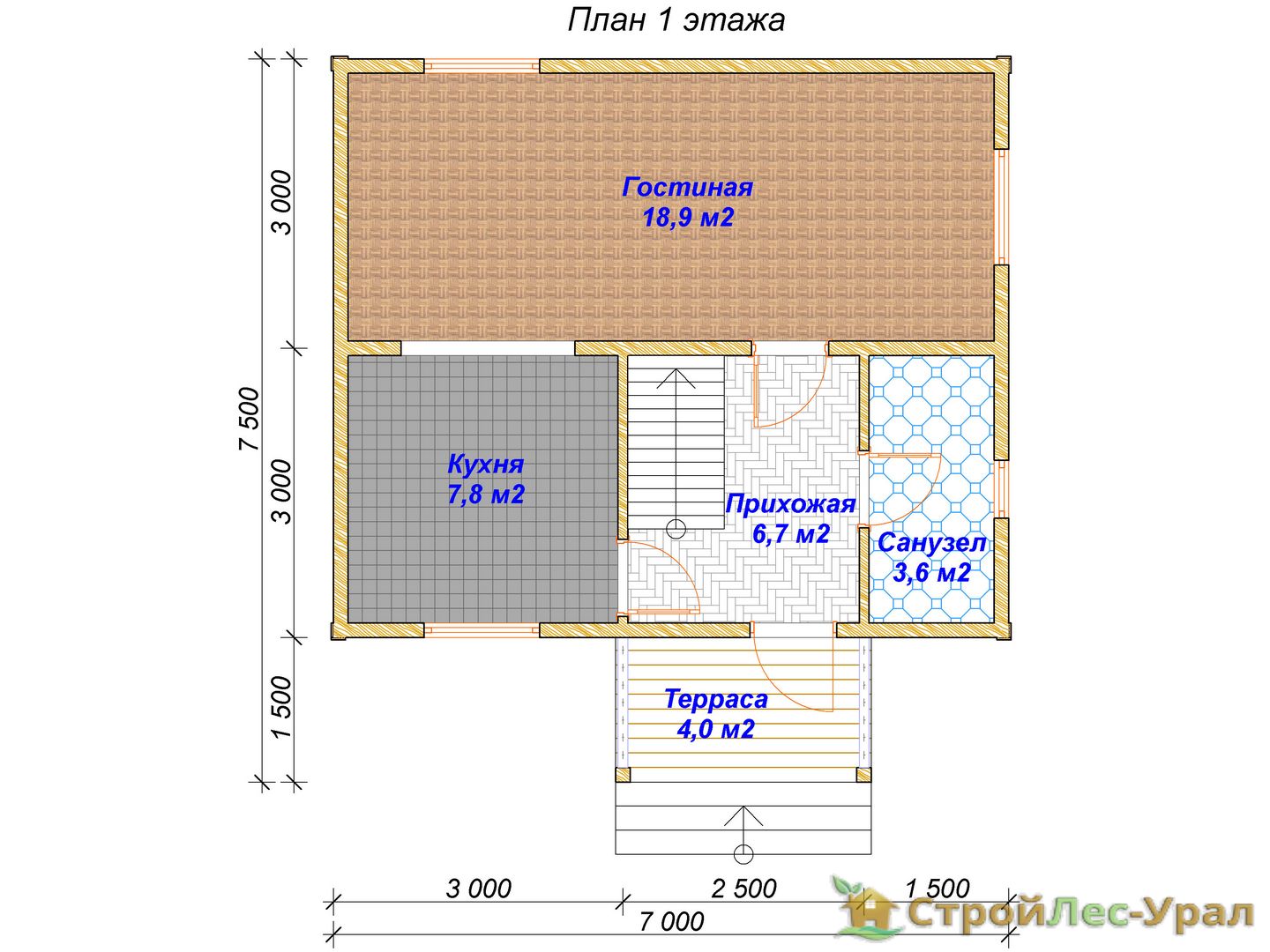 Проект дома ДБ-67 (7х7.5м), площадью 64м² из бруса 150х150мм | Стройлес-урал